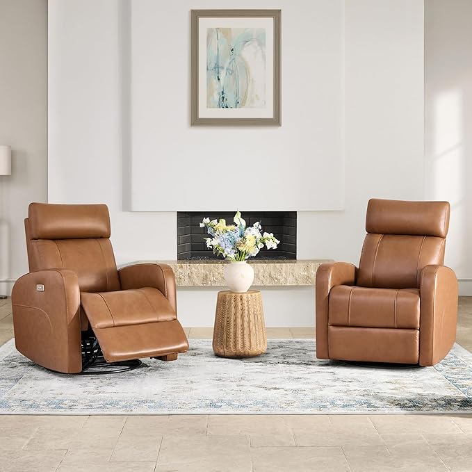 CHITA Genuine Leather Power Recliner Chair for Adults FSC Certified Electric Nursery Swivel Glider for Living Room Camel Brown