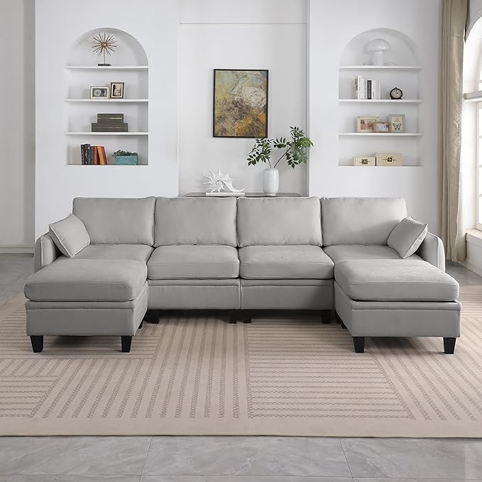 109.4” Modular Sectional Sofa Couch with Storage Convertible U Shaped Couches for Living Room Modern Chenille 6 Seater Deep Seat Cloud Sofas Set with Movable Ottoman Grey