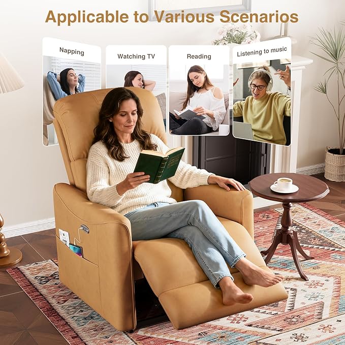 Power Recliner Chair Reclining Chair PU Leather Small Recliners for Small Spaces Infinite Position Electric Recliner Chairs for Adults Electric Recliners with USB Port &amp Side Pocket Brown