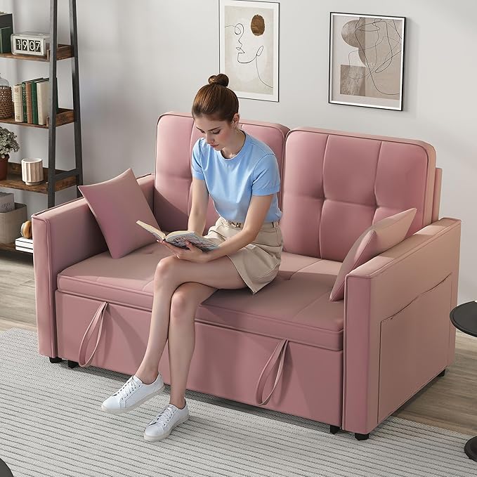 Pink Convertible Sofa Bed: 3 in 1 Sleeper Sofa Couch Bed Pull Out Couch with Adjustable Backrest Velvet Convertible Loveseat Sleeper for Living Room for Living Room(Pink)