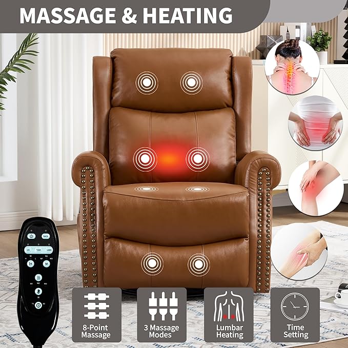 PELUMY Genuine Leather Swivel Rocking Recliner Chair for Adults 360° Swivel Glider Rocker with Heat &amp Vibrating Massage Lounge Chair for Living Room Bedroom Nursery (Earth Yellow)