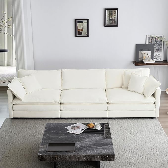KIVENJAJA Chenille Modular Sectional Couch Modern 3 Seater Comfy Deep Seat Cloud Sofa with 5 Pillows for Living Room Bedroom Office Apartment 111.5”W Beige