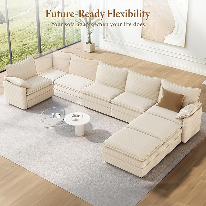 Vesgantti 142 U Shaped Sectional Couch Comfy Cloud Modular Sectional Sofa with 2 Ottoman Deep Seat Corduroy Modern Cloud Sofa Modular Sofas for Living Room Bedroom and Apartment Beige