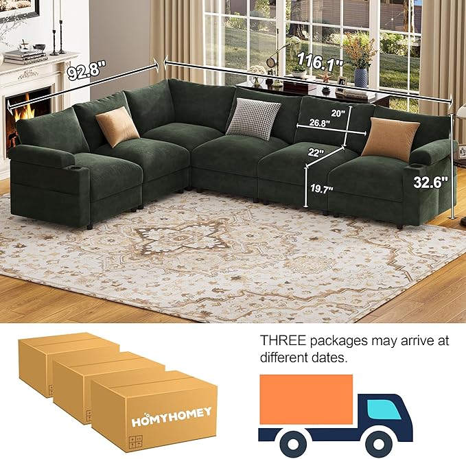 Sectional Couches for Living Room FSC Certified Velvet Modular Couch Oversized Cloud U Shaped Convertible Sleeper Sofa Chaise Detachable Armrest Cushion (Chenille Green L Shape Corner 6 Seat)