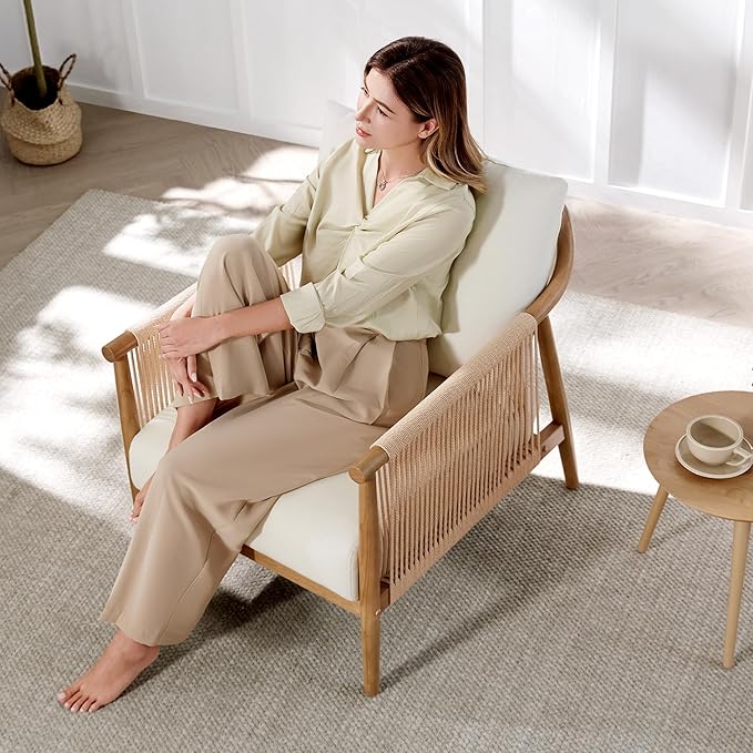 CHITA Braid Accent Chair Set of 2 Modern Armchair with Solid Wooden Armrest for Living Room and Bedroom Boho Reading Chair Cream
