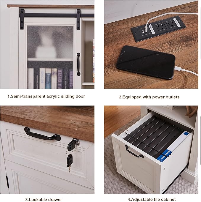 60 Farmhouse L-Shaped Executive Desk with HutchSecretary Desk with HutchCharging StationLockable Drawer Adjustable File Cabinet &amp Shelves for Home Office