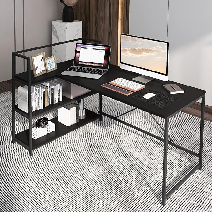 Tangkula Reversible L-Shaped Computer Desk Space Saving Corner Desk with 3-Tier Storage Shelves &amp Metal Frame Modern Executive Home Office Desk PC Laptop Desk Workstation for Small Space (Black