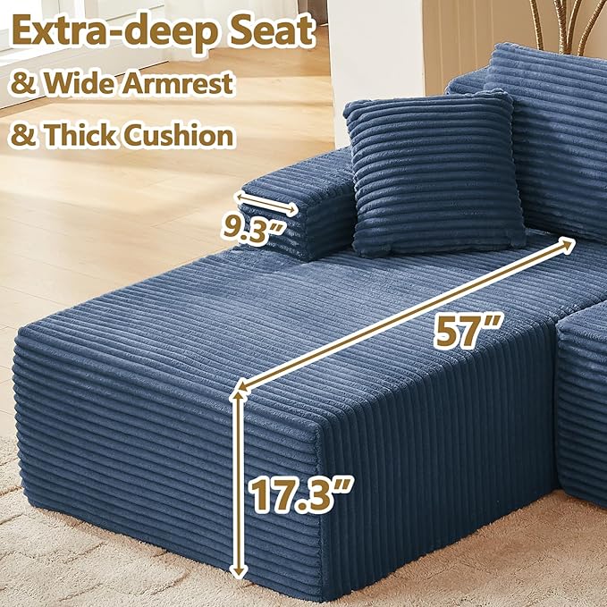 Minimalist Boneless Cloud Couches for Living Room Corduroy L Shaped Modular Sectional Sofa Couch W/Deep Seat &amp High-Back Comfy Memory Foam Couch Sofa in A Box (Blue Left Facing Chaise)