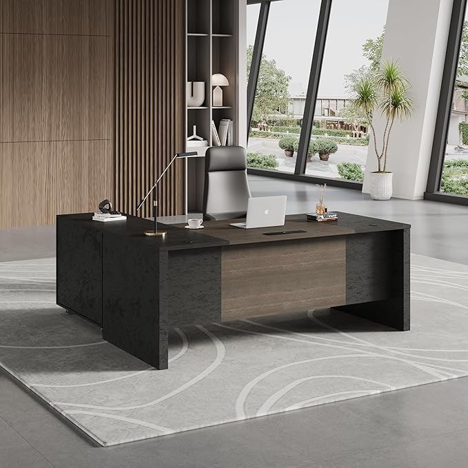 70.86 Inch L Shaped Executive Office Desk with 2 Drawers Large Office Desk with File Cabinet Modern Home Office Desk w/Moveable Stand Under Desk Storage Organizer with 4 Wheels