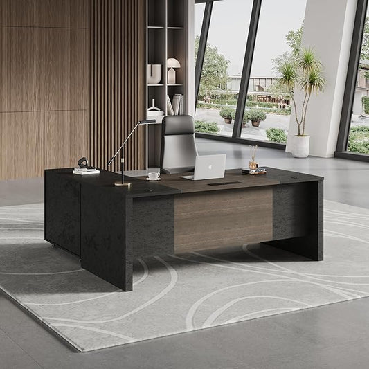 70.86 Inch L Shaped Executive Office Desk with 2 Drawers Large Office Desk with File Cabinet Modern Home Office Desk w/Moveable Stand Under Desk Storage Organizer with 4 Wheels