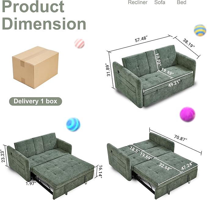 57.48 Convertible Sofa Bed with Cup Holder Pull Out Sleeper Sofa Bed with USB Charging Ports 3 in 1 Convertible Sleeper Sofa Bed for Living Room Apartment Bedroom RV Green