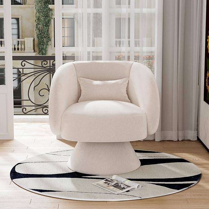 Swivel Barrel Chair Set of 2 Upholstered Swivel Accent Chairs for Living Room Comfy 360 Degree Modern Small Round Armchair for Bedroom Office (Beige White Linen)