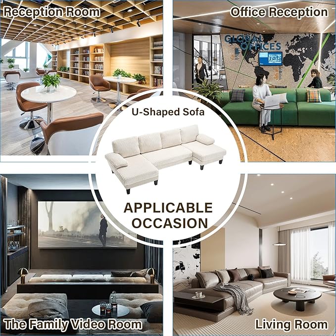 114.2 U-Shaped Sectional Sofa for Living Room Corduroy U-Shaped Couch with Double Chaises and Comfortable Backrest 4-Seater Comfy Cloud Sofa for Office &amp Small Space (White)