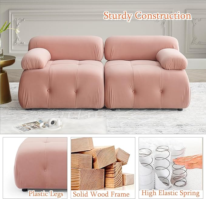 Modular Sectional Sofa 93 Velvet Sectional Cloud Couches for Living Room Modern L-Shaped Sofa DIY Combination Reversible Chaise for Bedroom Apartment Office (Pink Velvet)