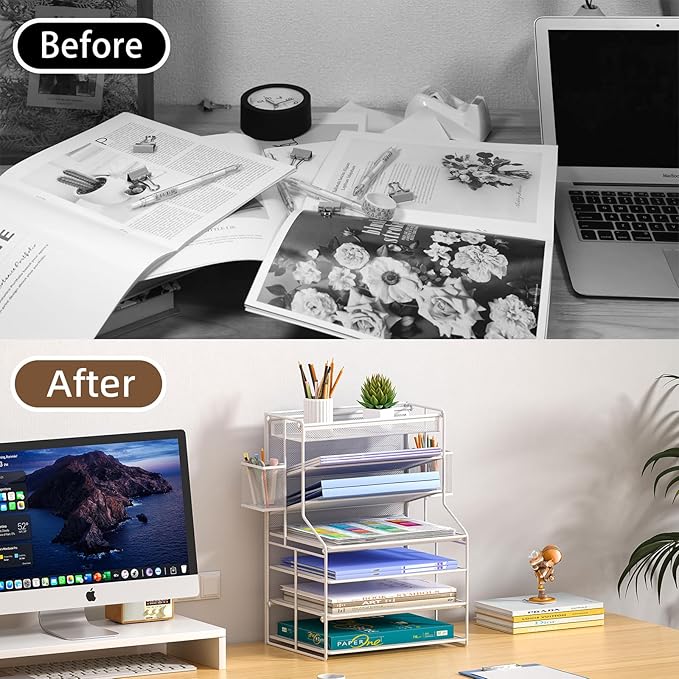 7 Tier Desk File Organizer – Vertical File Organizer for Desk with Removable Pen Holder &amp Adjustable Drawer – Metal Document Organizer for Office Simple Trending Design – White