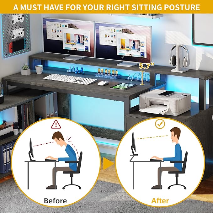 DWVO L Shaped Desk with Drawers 65 Computer Desk with Power Outlets &amp LED Lights Corner Home Office Desk with Storage Shelves &amp Printer Stand Grey