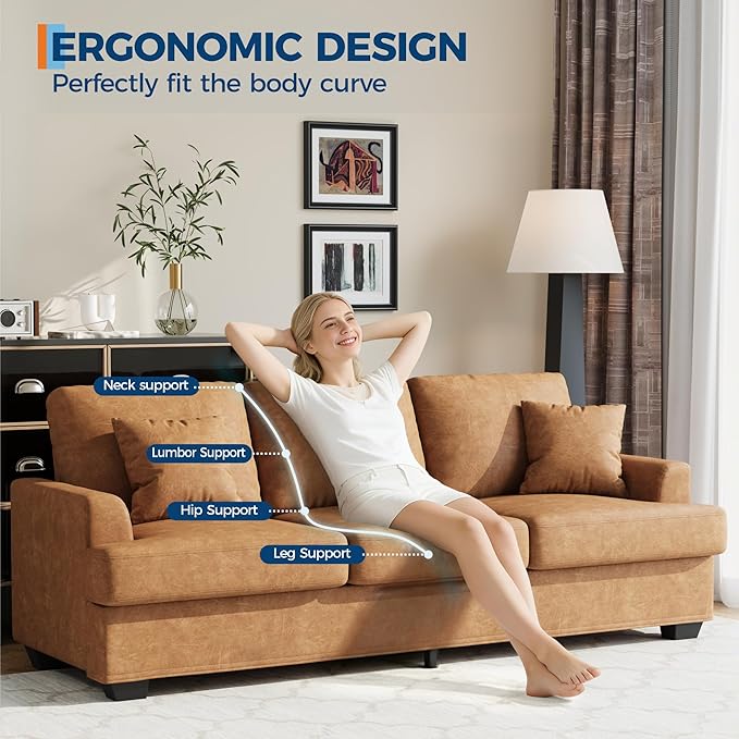 IDEALHOUSE Modern 86 Leather Sofa with 2 Throw Pillows Deep Seat Couch with Upholstered Cushion &amp Removable CoverComfy Faux Leather Sofa Couch for Small Space Apartment Lounge Brown
