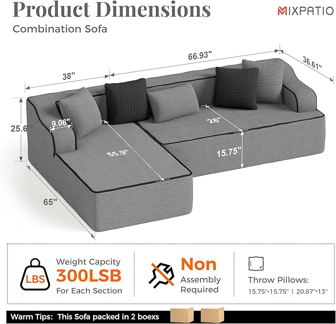 104 Cloud Boneless Sectional Couch with L-Shape Chaise Upholstered Corduroy Couch with Deep Seat No Assembly Required Compressed Sofa for Living Room Apartment Grey