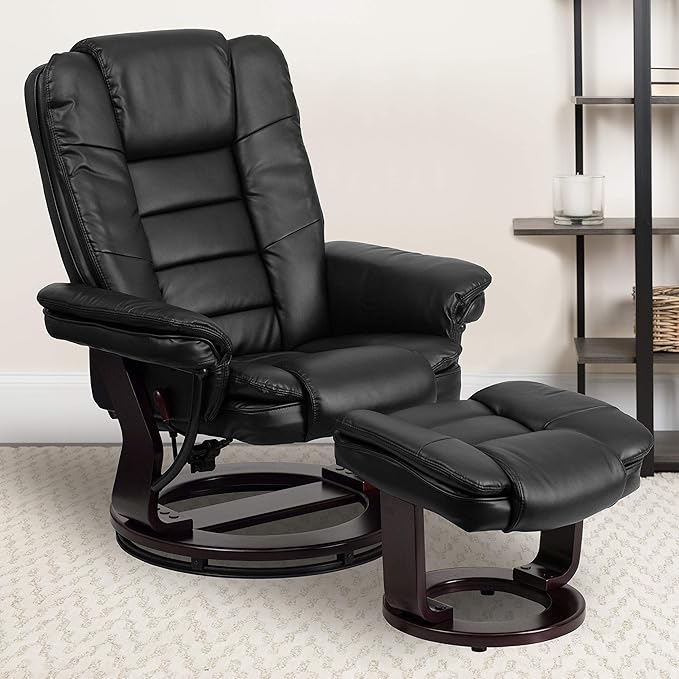 Flash Furniture Bali Contemporary Multi-Position LeatherSoft Recliner Chair with Ottoman 360-Degree Swivel Recliner Chair and Ottoman Set Black