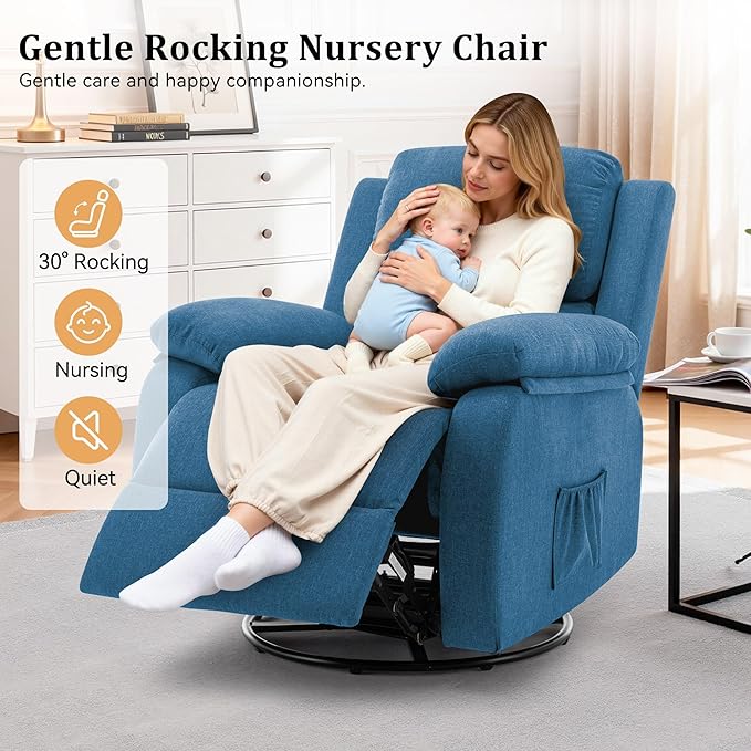 Recliner Chair 360 Swivel Rocker Chair for Adults Small Rocking Recliner for Small Spaces Upholstered Fabric Glider Recliner Nursery