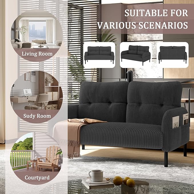 47 Loveseat Sofa Small Couches for Small Spaces Comfy Corduroy Solid Wood Frame Modern Deep Seat 2 Seater Couch with Side Pockets for Bedroom Living Room Apartment Office (Gray)