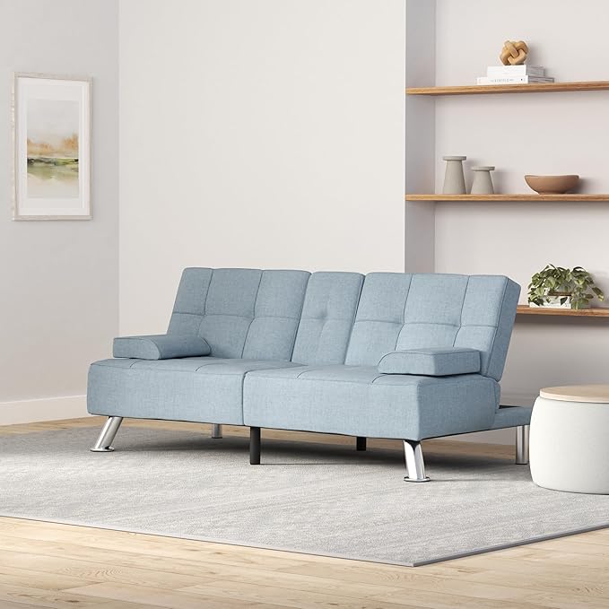 Best Choice Products Linen Modern Folding Futon Reclining Sofa Bed for Apartment Dorm w/Removable Armrests 2 Cupholders - Light Blue