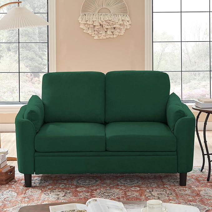 60 Small Loveseat Sofa Mid Century Modern Love Seat Couch with Back Cushions and Wood Legs 2 Seater Couches for Living Room Bedroom Small Spaces (Green)
