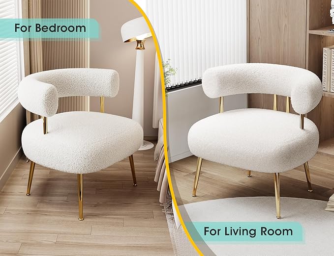 Mid Century Sherpa Boucle Accent Chair Round Upholstered Barrel Arm Chair for Small Spaces Fluffy Side Corner Sofa Chair for Living Room Bedroom Vanity Office Reading Nook(Cream White)