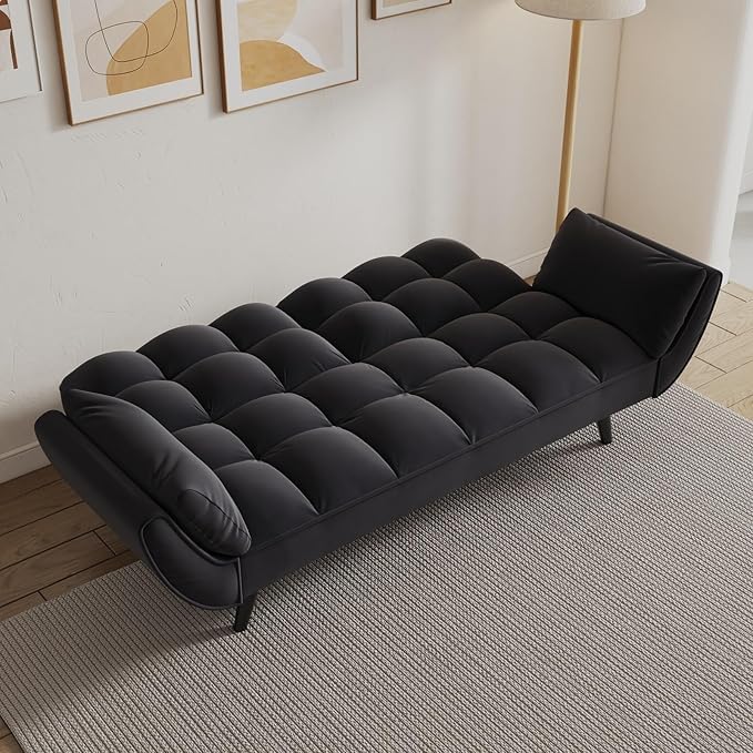 Velvet Futon Sofa Couch Bed with 2 Pillows Convertible Folding Futon Couch with Adjustable Backrest Love Seat Sleeper Sofa Bed for Small Spaces Living Room Office Apartment (Black)