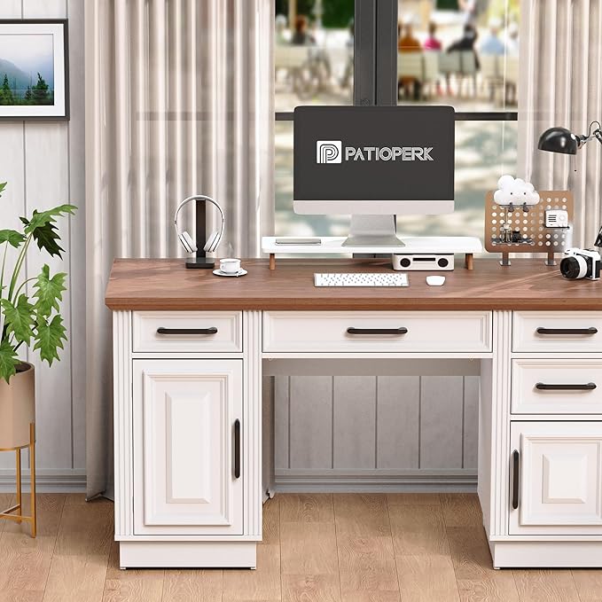 58 Farmhouse Executive Desk Wood Home Office Desk with Drawers Computer Desk with Drawers and Storage Cabinet Workstation for Office Home White