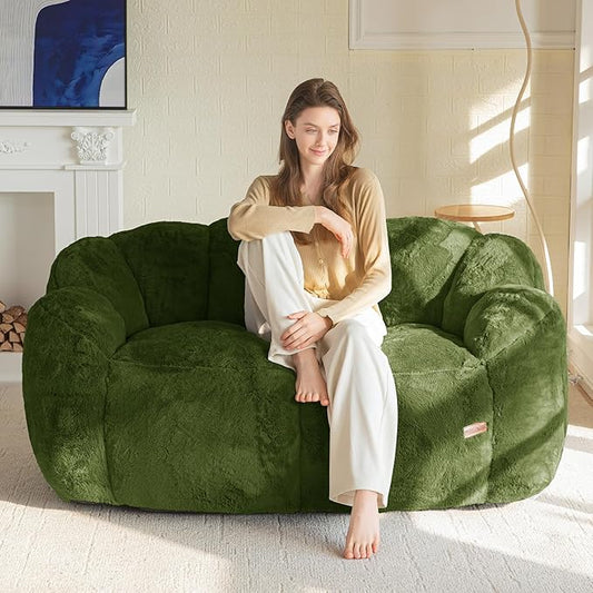 MAXYOYO Bean Bag Chair for Adults Loveseat Floral Shaped Bean Bag Sofa Ultra Soft Love Seat Mini Sofa Couch Faux Fur Reading Chair for Living Room Bedroom Green