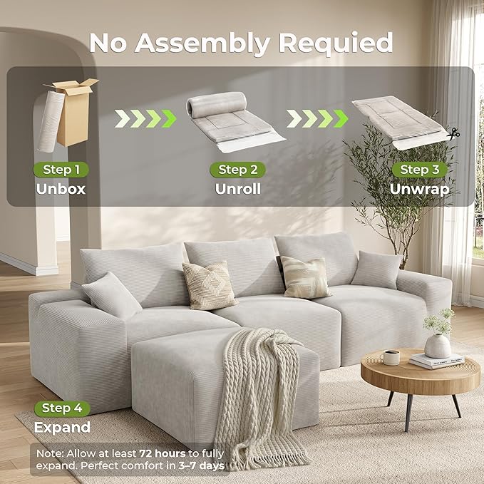 LIKIMIO Modular Sectional Sofa with Ottoman 120 Oversized Deep Seat Boneless Couch Corduroy Upholstery No Assembly Required Modern L-Shaped Living Room Sofa Greige
