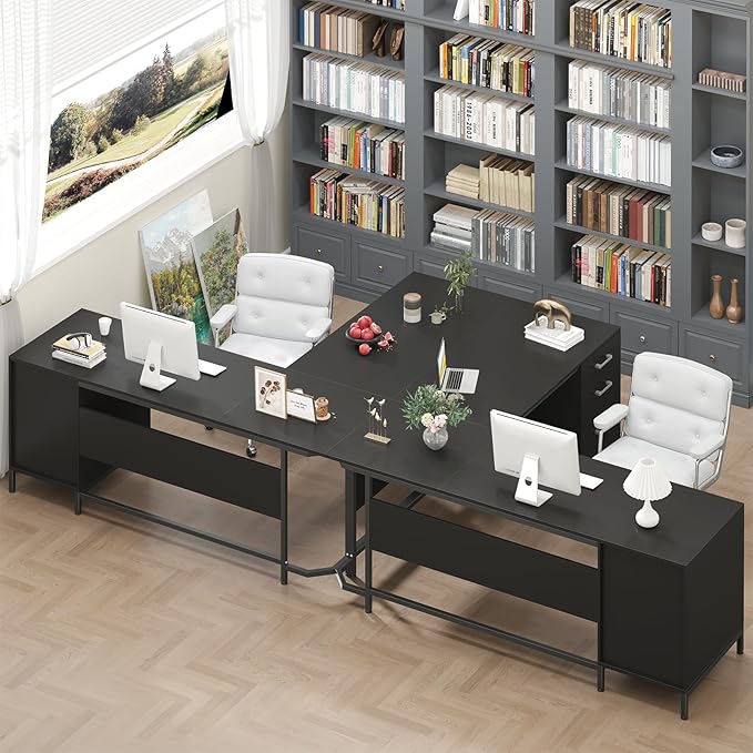 TVU 59’‘ L Shaped Desk with 6 Wood Drawers Large Home Office Corner Computer Desk with Storage File Cabinet Modern Metal Wood Desk for Executive Writing Study Workstation Black