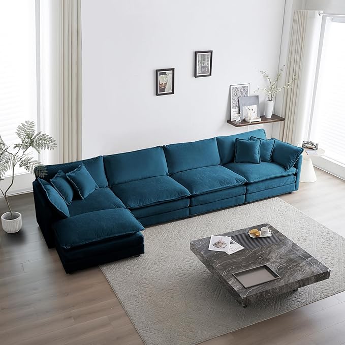 ERYE Shaped Oversized Sectional Sofa Modern Deep Seat Reversible Chaise Sofa&ampCouch with Movable Ottoman Modular Sleeper Upholstered Couch for Living Room Apartment Studio Office 146.5 Blue/