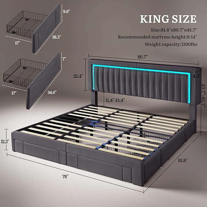 YITAHOME King Size Bed Frame with Adjustable Headboard 4 Storage Drawers and RGB LED Lights Velvet Upholstered Platform Bed with USB Ports No Box Spring Needed Fast Assembly Noise-Free Dark Grey