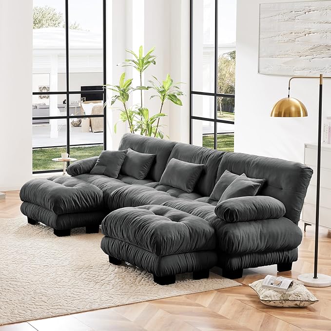 KEIKI 133 Sectional Sofa with Removable Ottomans Gray 5 Seat U Shaped Sleeper Cloud Couch Set Comfy Chenille Upholstered Modular SofaBed for Apartment Living Room Throw Pillows Dark Grey