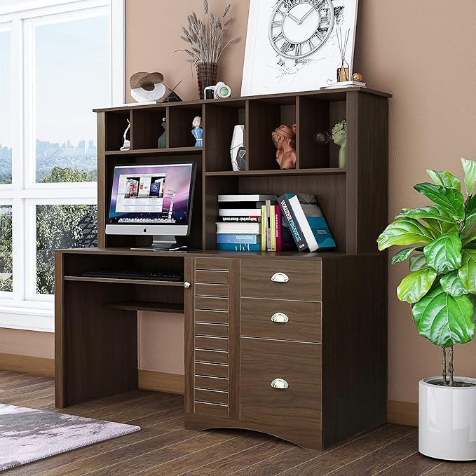 Home Office Computer Desk with HutchWalnut