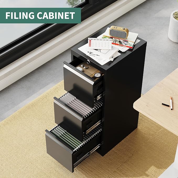 3-Drawer Lateral File Cabinet with Lock Heavy Duty Metal Filing Cabinet for Letter/Legal/A4/F4 Documents Space-Saving Vertical Office Storage Organizer for Home Office Easy Assembly Black