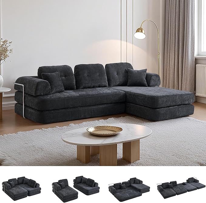 104 Oversized Convertible Sleeper Sofa Bed Chenille L Shape Sectional Couch Folding Sofa Bed with Fixed-Shape Frame Modern Cloud Floor Mattress Couch Modular Sofa for Living Room Dark Grey