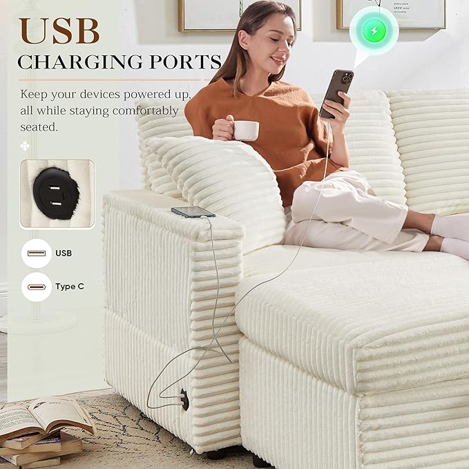 68 Cloud Loveseat with Ottoman Set USB Ports &amp Storage Wooden Side Table Comfy Plush Corduroy Upholstered Love Seat Modern Oversized Deep Seated Grey Sectional for Living Room Beige