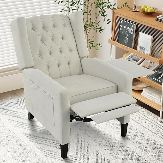 Pushback ReclinerComfortable Wingback Sofa Chair with Adjustable Backrest Tufted Fabric Upholstered ArmchairRetro Rivets Decorated Recliner for Living Room Bedroom Office Home Theater (USB Beige)
