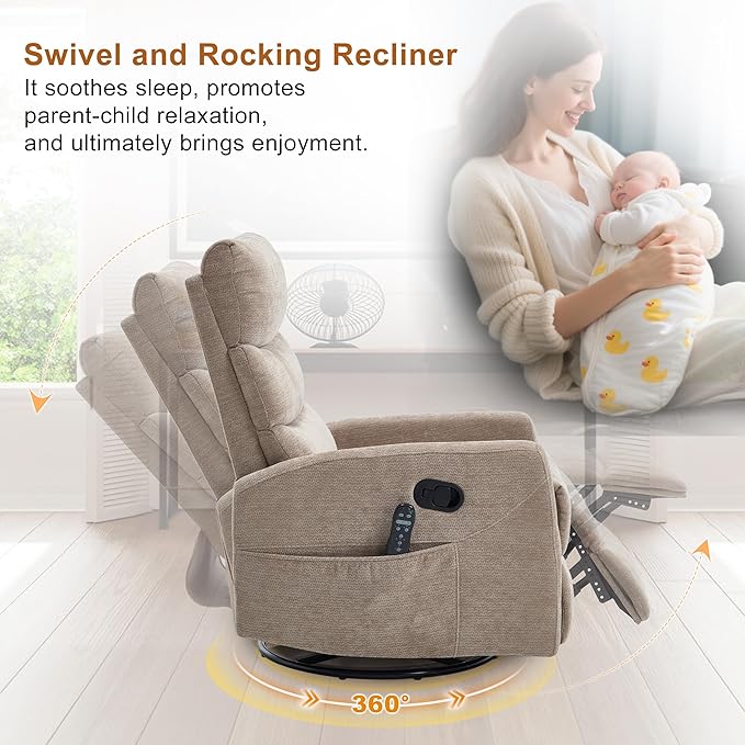 Manual Swivel Rocker Recliner Chair with Vibration Massage Overstuffed Glider Chair with Lumbar Heat for Nursery Living Room Reclining Sofa Chair Chenille Fabric Khaqi