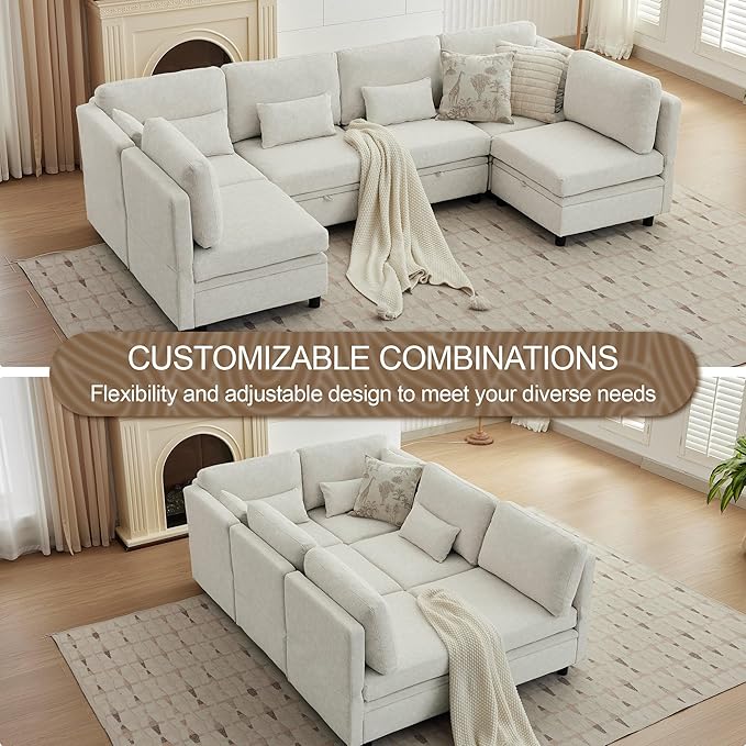 112 Modular Sectional Sofa with Storage-U Shaped Sectional Sofa for Living Room Convertible Cloud Sectional Couch with Chaise 6 Seat Couch with Cushions Adjustable Backrest Design Beige