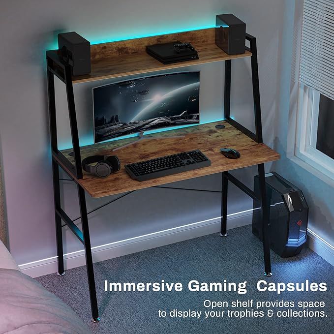 EUREKA ERGONOMIC43 Inch 2-Tier Home Office Students Study Writing PC Gaming Table with Bookshelf Small Computer Ladder Desk with Storage ShelvesModern Workstation for Space Saving Rustic Brown