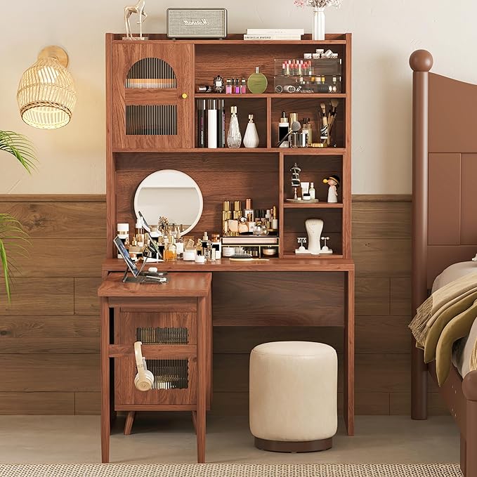 Bellemave Computer Desk with 90 Degree Rotating Desktop 43x70 Inch Home Office Desk with Drawer and Storage Cabinets Gaming Desk with Shelves Writing Desk for Study (Walnut)