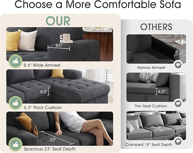 VanAcc 96 Sleeper Sofa Sofa Bed Couch with Storage Chaise Sleeper Couch with Pull Out Bed for Living Room(Grey)