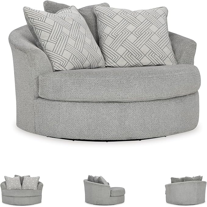 Signature Design by Ashley Casselbury Contemporary Upholstered Oversized Swivel Accent Chair with 3 Throw Pillows Light Gray