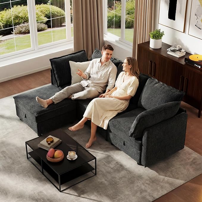 Ihanherry 97.2” Modular Sectional Sofa with Storage L Shaped Couch for Living Room 4-Seat Comfy Chenille Deep Seat Sofa with Movable Ottoman for Bedroom and Apartment Dark Gray