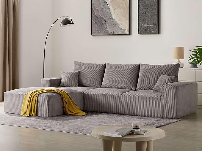 Sectional Modern Sleeper Sofa Couches for Living Room-113 Grey 3 Seater L-Shaped Boneless Cloud Couch-No Assembly Modular Corduroy Convertible Sponge Compression Sofas with Chaise for Home House