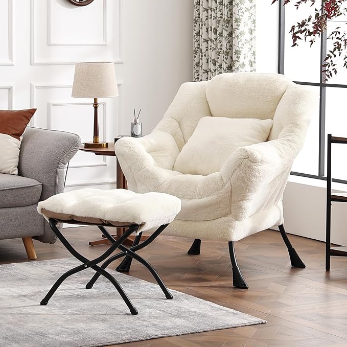 Lazy Chair with Ottoman Large Lvory Accent Chair with Ottoman and FA Throw Pillow Comfy Plush Reading Chair for Living Room Bedroom Dorm Room Office Apartment Relaxing Use